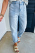 High Rise Barrel Leg Relaxed Fit Utility Patch Pocket Stretch Jeans